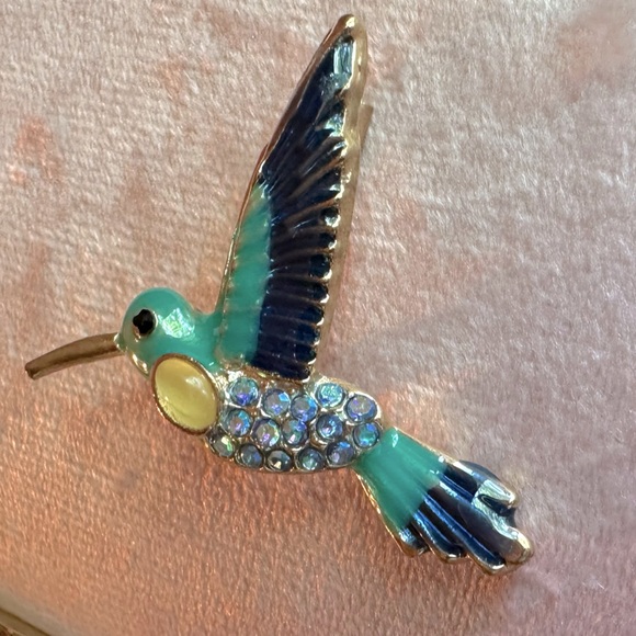 Turquoise, Blue & Yellow Hummingbird Brooch Pin Crystals Rhinestones & Enamel - Picture 5 of 12